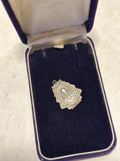 Vintage Sterling Silver Double Sided Jesus Sacred Heart Virgin Mary Pendant MCM Catholic