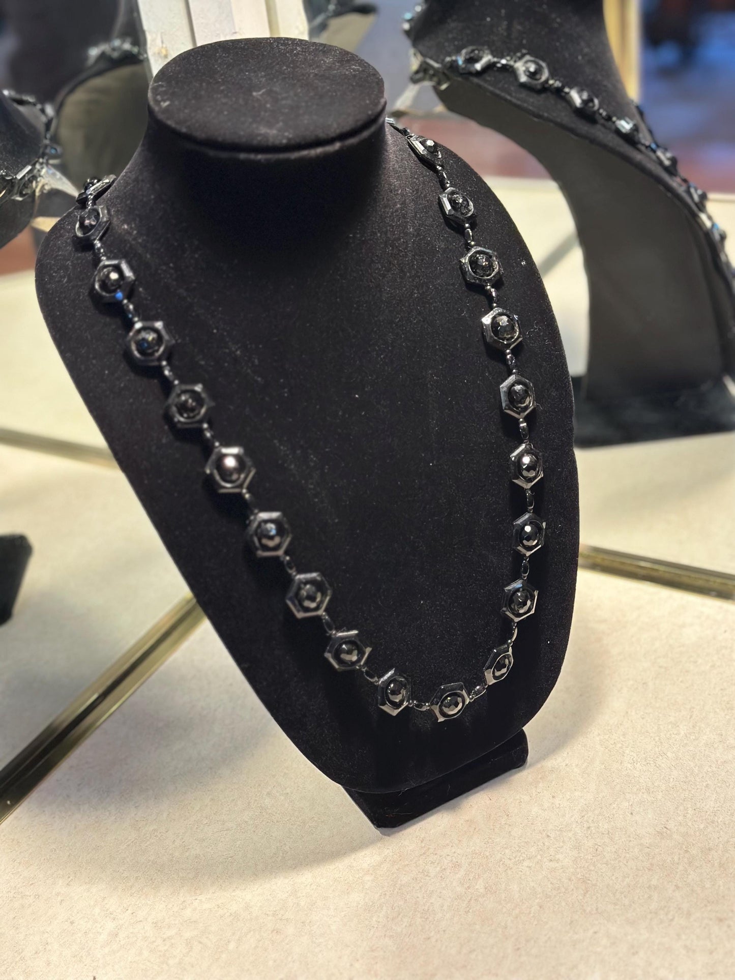 Vintage 1920's-30's Style Black Hexagonal Faceted Czech Glass Beaded Necklace