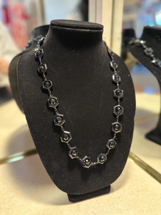 Vintage 1920's-30's Style Black Hexagonal Faceted Czech Glass Beaded Necklace