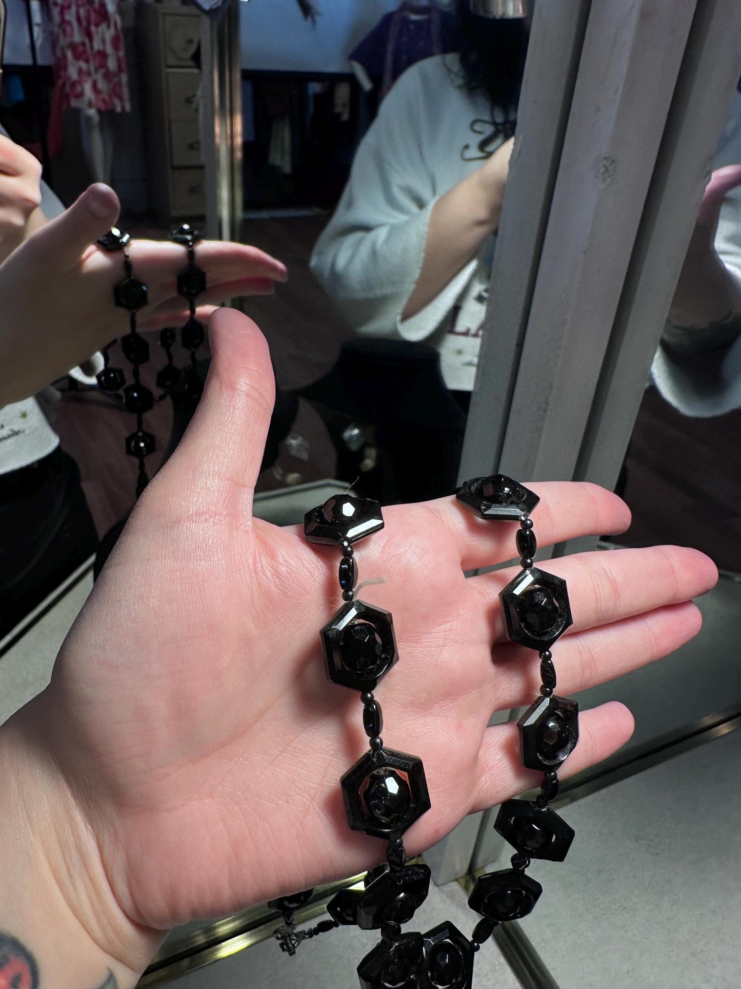 Vintage 1920's-30's Style Black Hexagonal Faceted Czech Glass Beaded Necklace