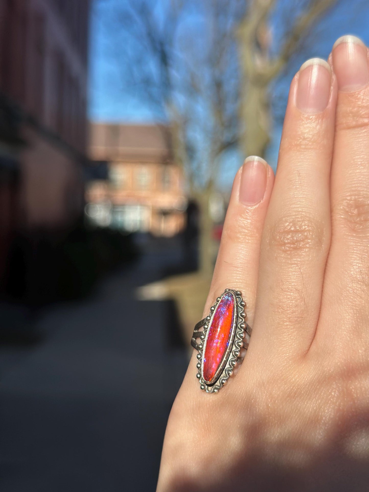 1920's Vintage Antique Dragons Breath Opal Ring Sterling Silver Ring Size US 4-4.5