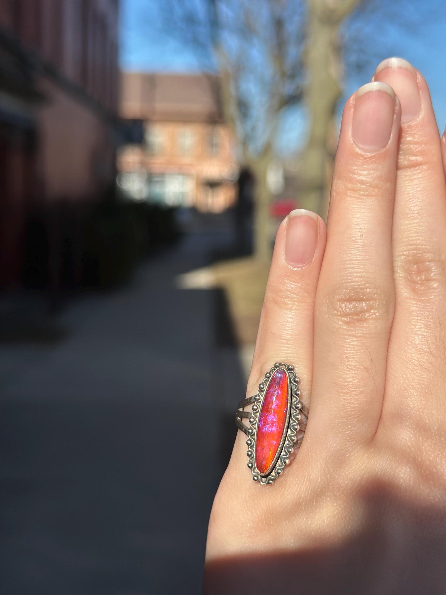 1920's Vintage Antique Dragons Breath Opal Ring Sterling Silver Ring Size US 4-4.5