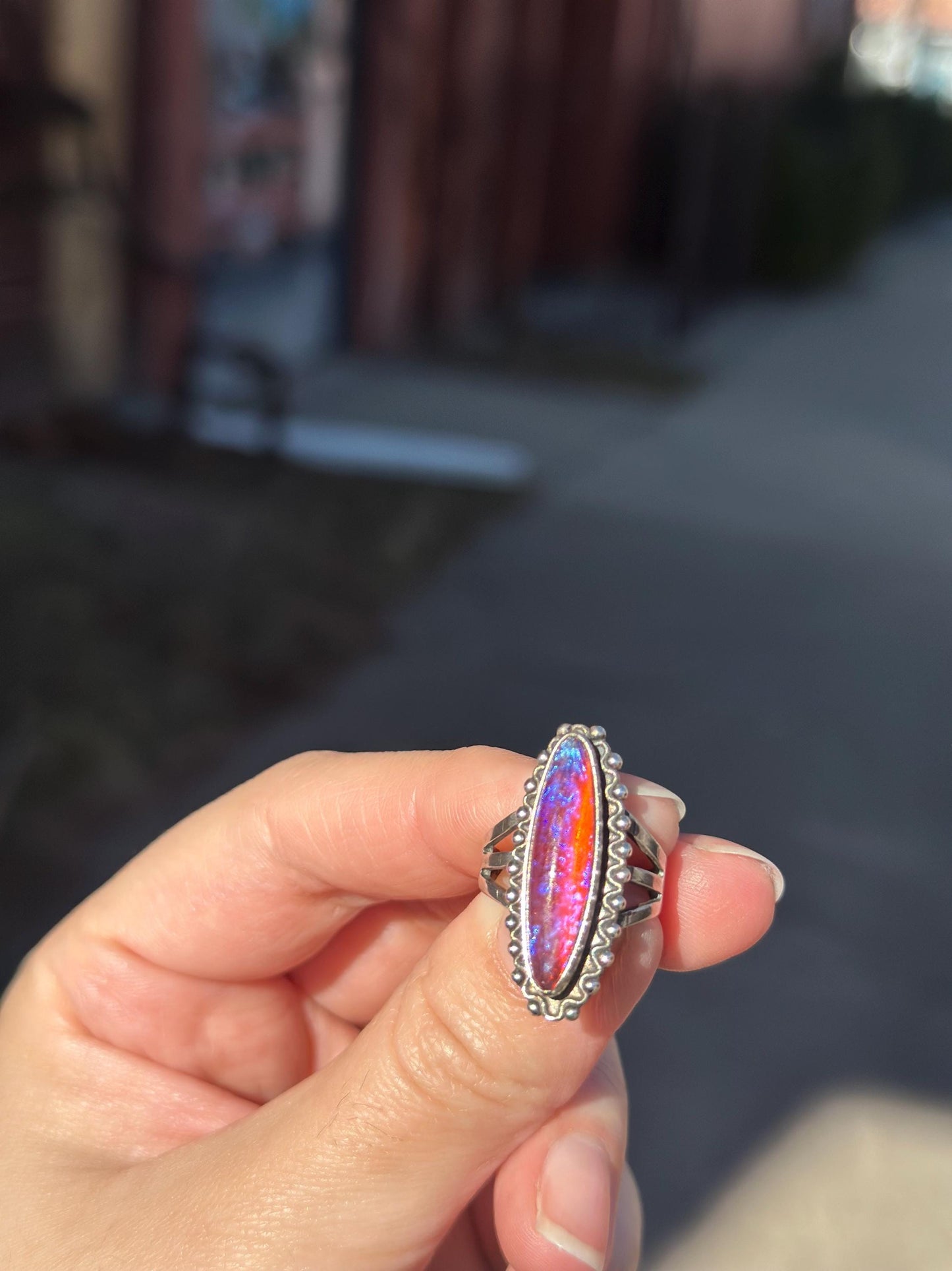 1920's Vintage Antique Dragons Breath Opal Ring Sterling Silver Ring Size US 4-4.5