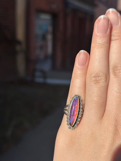 1920's Vintage Antique Dragons Breath Opal Ring Sterling Silver Ring Size US 4-4.5