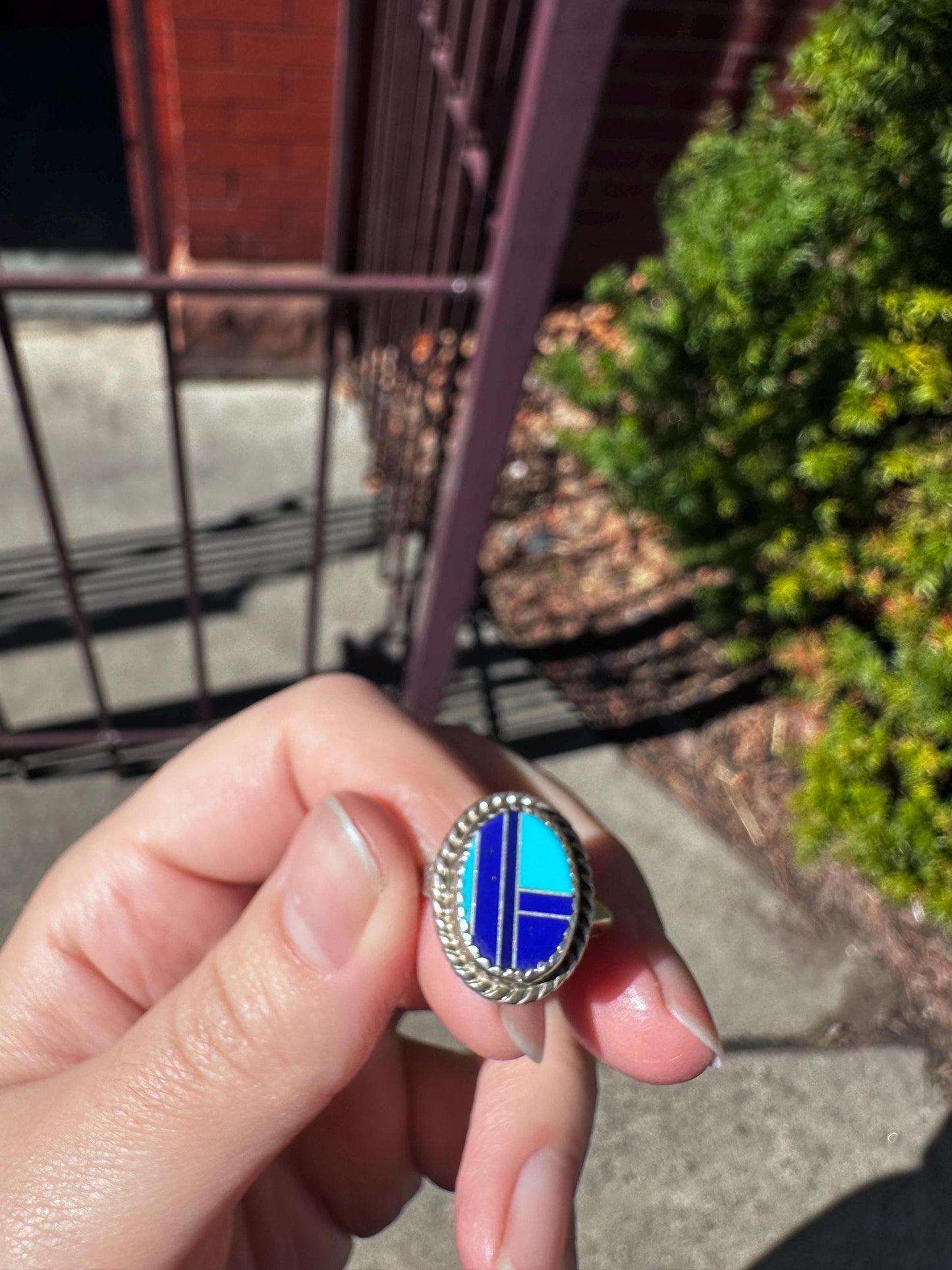 Vintage Navajo Turquoise Lapis Sterling Silver Ring Size 9