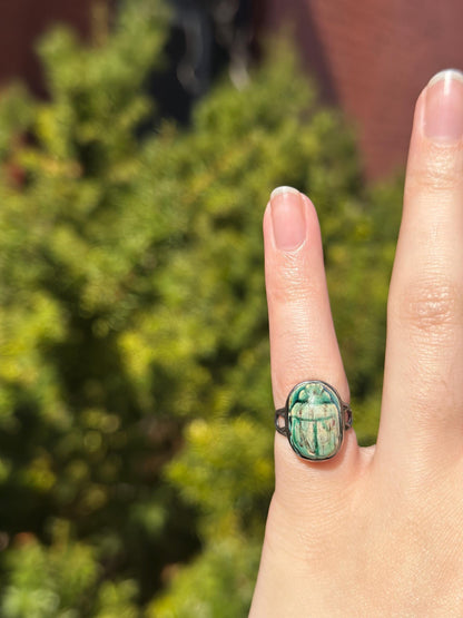 Antique Egyptian Carved Scarab Faience Small Ring Size 3