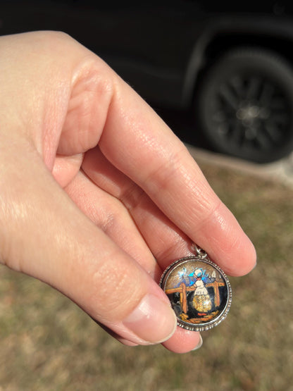 Antique 1930's English Sterling Silver Morpho Butterfly Handpainted Buuble Glass Pendant.