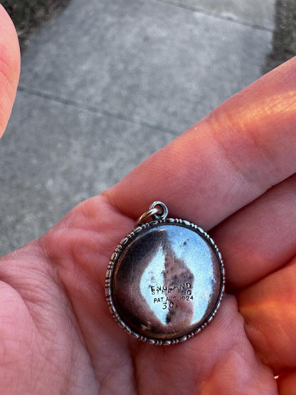 Antique 1930's English Sterling Silver Morpho Butterfly Handpainted Buuble Glass Pendant.