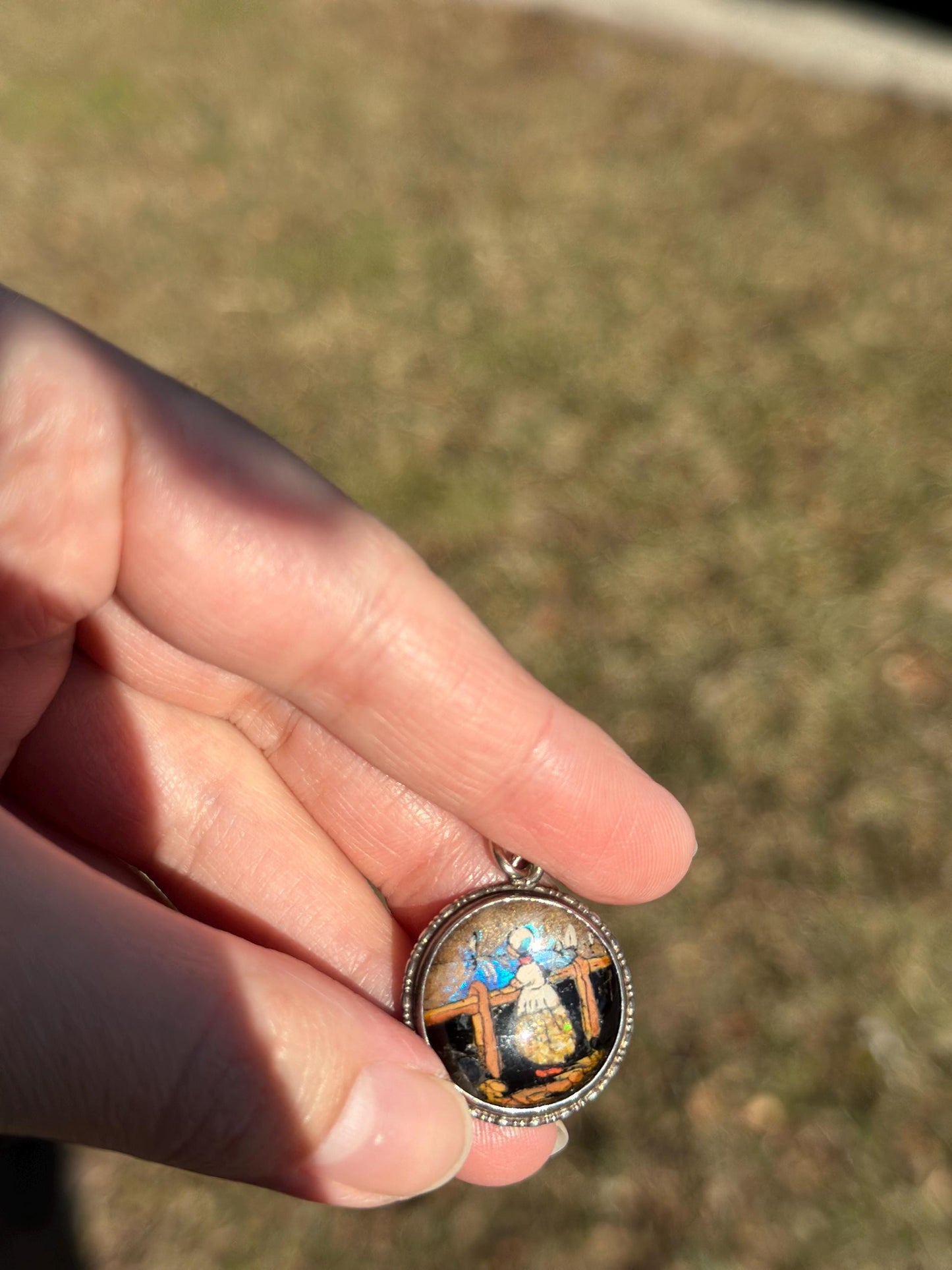 Antique 1930's English Sterling Silver Morpho Butterfly Handpainted Buuble Glass Pendant.