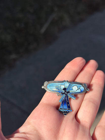 Art Nouveau signed Blue and White Guilloche Sterling Silver Enamel Windmill Holland Dutch Inspired Tulip Brooch