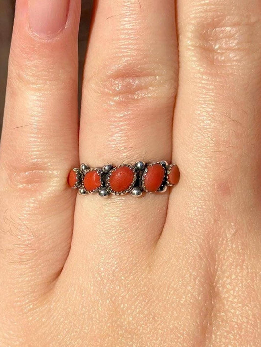 Vintage Antique Handmade Real 5 Stone Georgian Revival Coral Half Band Ring Size 5.5