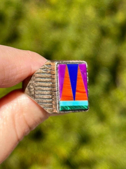 Vintage Handmade Sterling Silver Artist Made JO Inlay Turquoise Native Ring MCM Size 12.