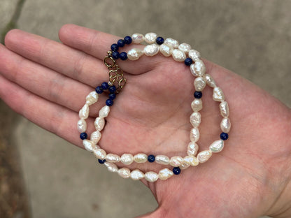 Vintage 90's Vacation Baroque Iridescent Fresh Water Pearl Bracelet with Blue Beads Gold Filled Clasp