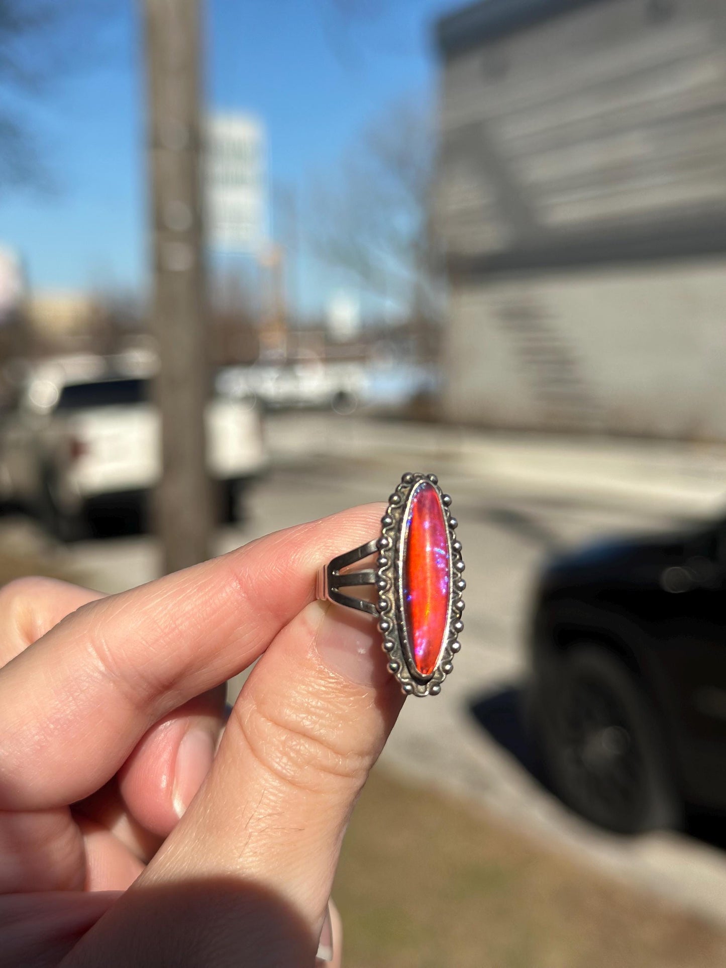 1920's Vintage Antique Dragons Breath Opal Ring Sterling Silver Ring Size US 4-4.5