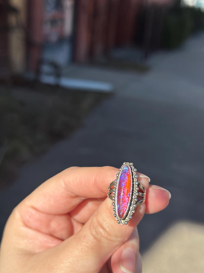 1920's Vintage Antique Dragons Breath Opal Ring Sterling Silver Ring Size US 4-4.5