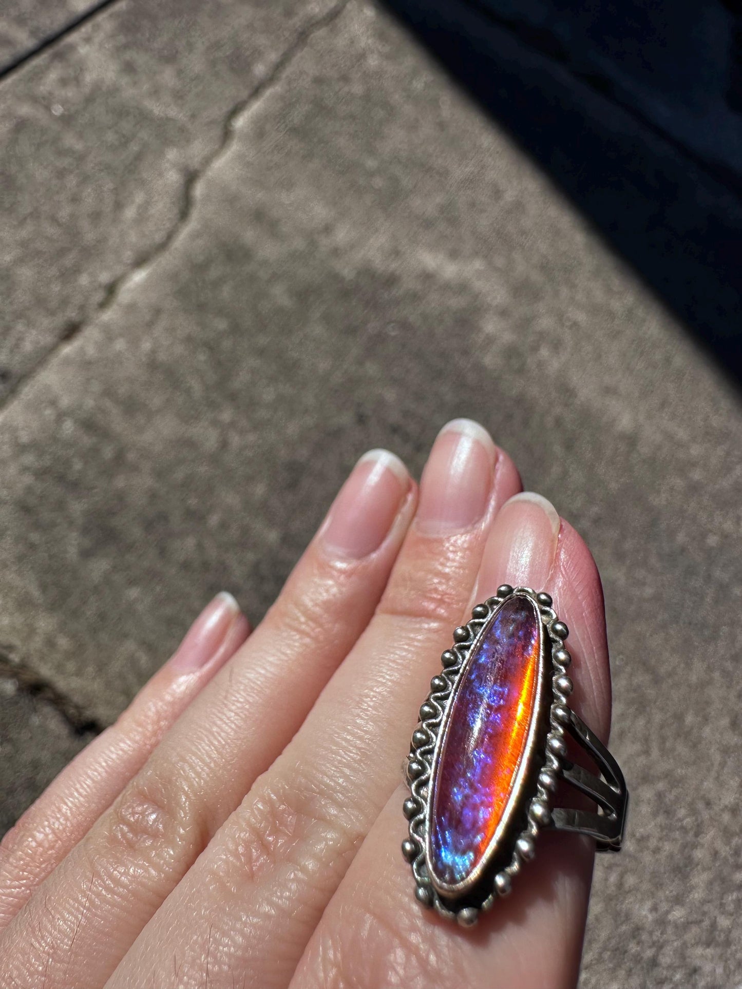 1920's Vintage Antique Dragons Breath Opal Ring Sterling Silver Ring Size US 4-4.5