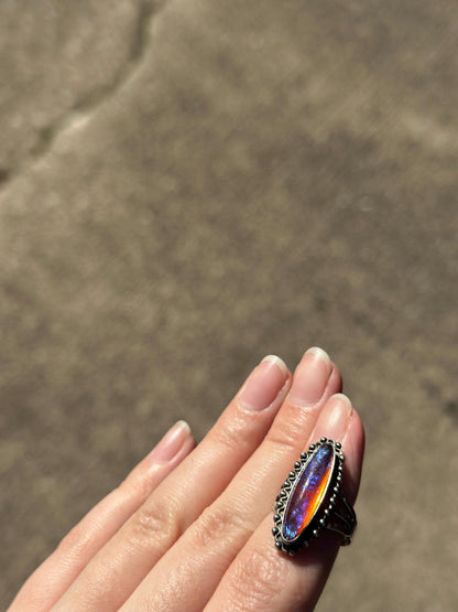 1920's Vintage Antique Dragons Breath Opal Ring Sterling Silver Ring Size US 4-4.5