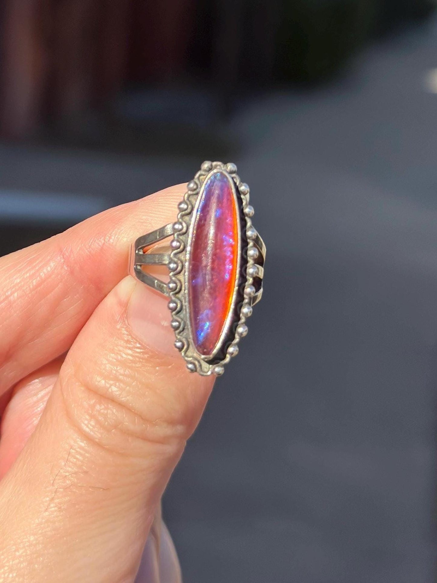 1920's Vintage Antique Dragons Breath Opal Ring Sterling Silver Ring Size US 4-4.5