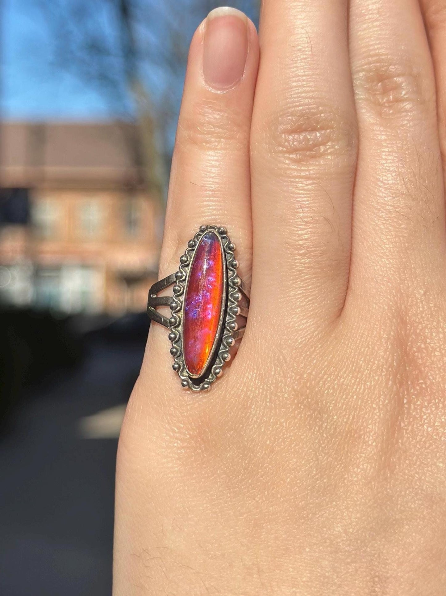 1920's Vintage Antique Dragons Breath Opal Ring Sterling Silver Ring Size US 4-4.5