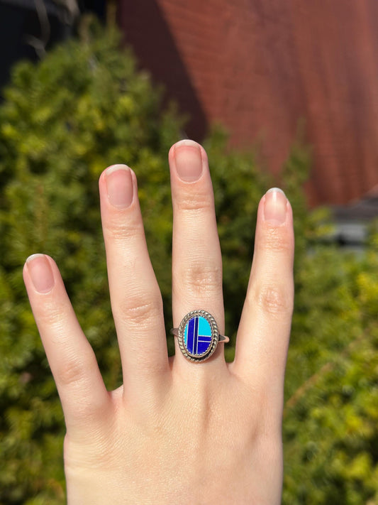 Vintage Navajo Turquoise Lapis Sterling Silver Ring Size 9