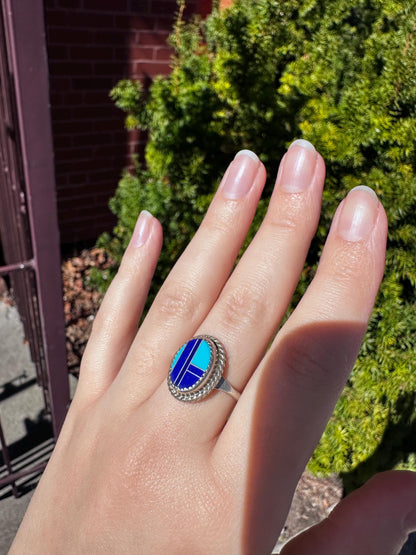 Vintage Navajo Turquoise Lapis Sterling Silver Ring Size 9