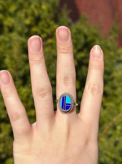 Vintage Navajo Turquoise Lapis Sterling Silver Ring Size 9