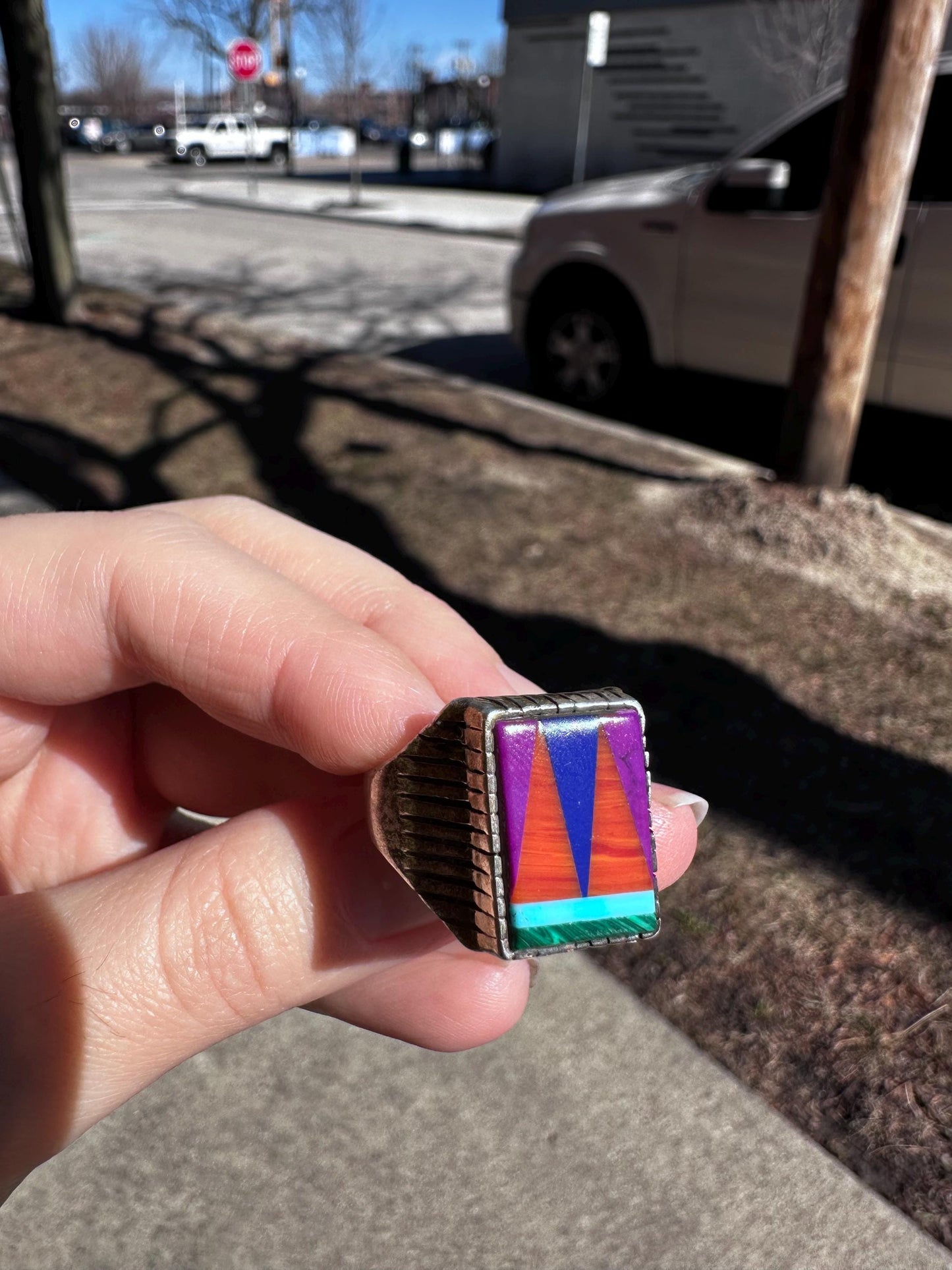 Vintage Handmade Sterling Silver Artist Made JO Inlay Turquoise Native Ring MCM Size 12.