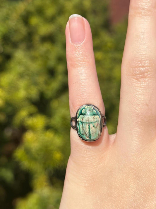 Antique Egyptian Carved Scarab Faience Small Ring Size 3