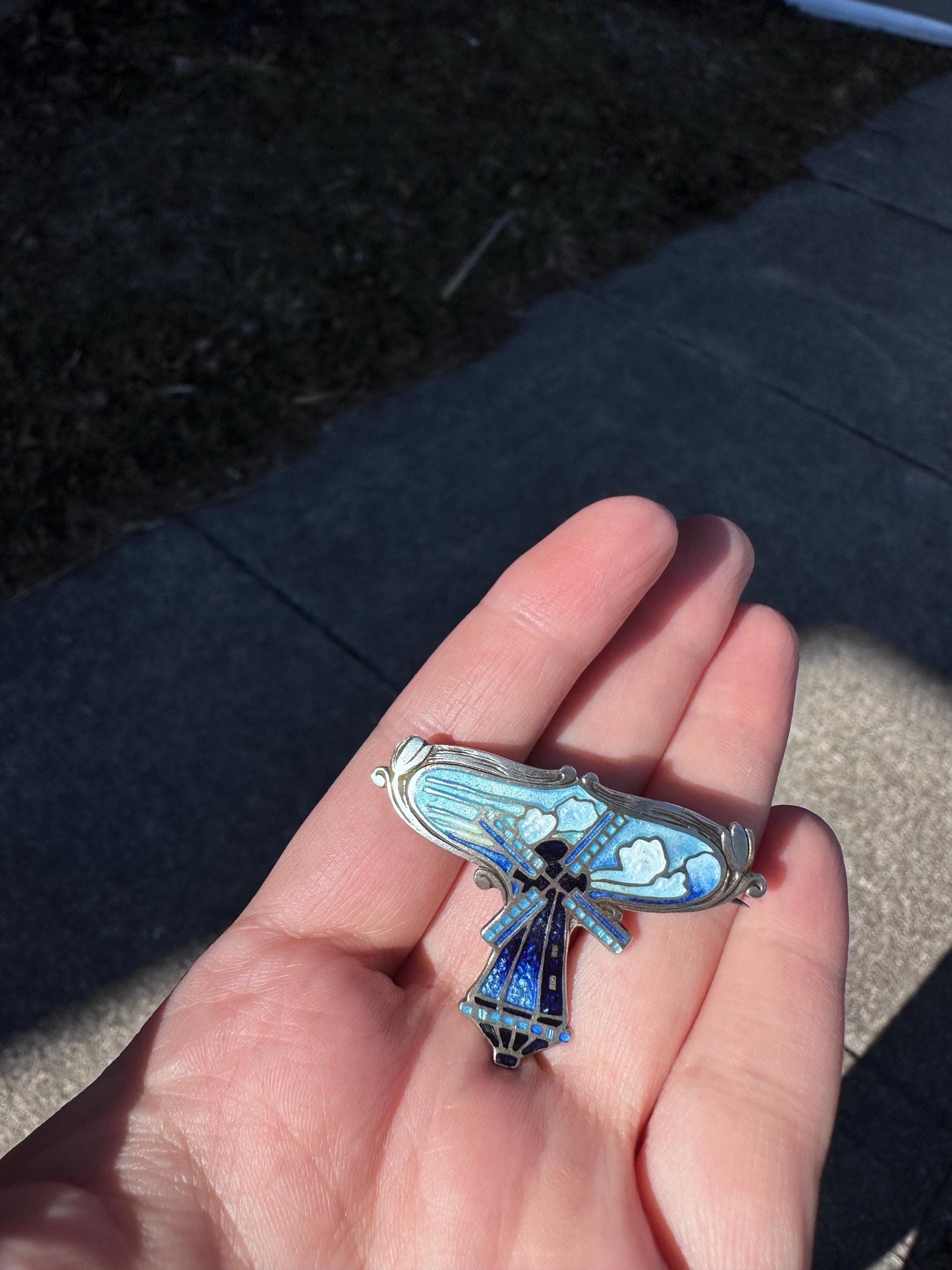Art Nouveau signed Blue and White Guilloche Sterling Silver Enamel Windmill Holland Dutch Inspired Tulip Brooch