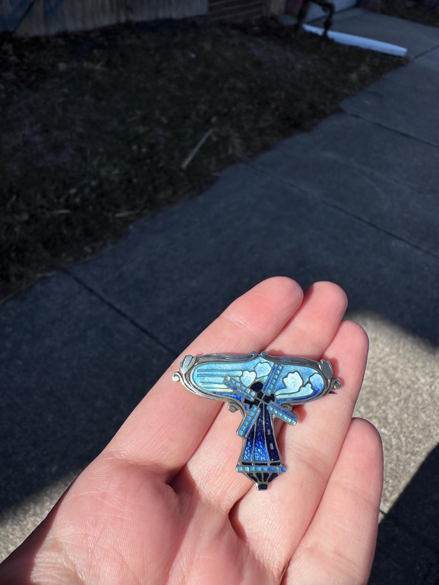 Art Nouveau signed Blue and White Guilloche Sterling Silver Enamel Windmill Holland Dutch Inspired Tulip Brooch