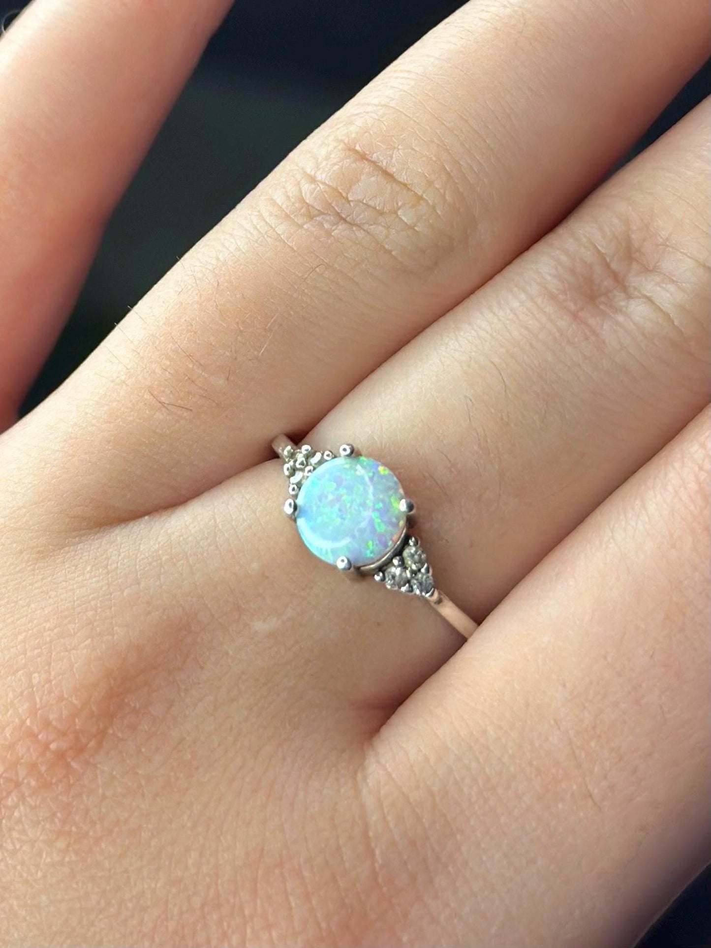 Faux Created Opal Sterling Silver Ring with CZ Size 7 Vintage Style Dainty Womens Ring October