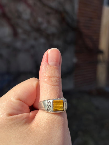 Handcrafted Vintage Style Sterling Silver Tigers Eye Ottoman Style Mens Size 11 Big Ring