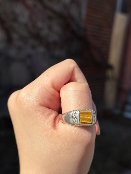 Handcrafted Vintage Style Sterling Silver Tigers Eye Ottoman Style Mens Size 11 Big Ring