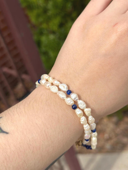 Vintage 90's Vacation Baroque Iridescent Fresh Water Pearl Bracelet with Blue Beads Gold Filled Clasp