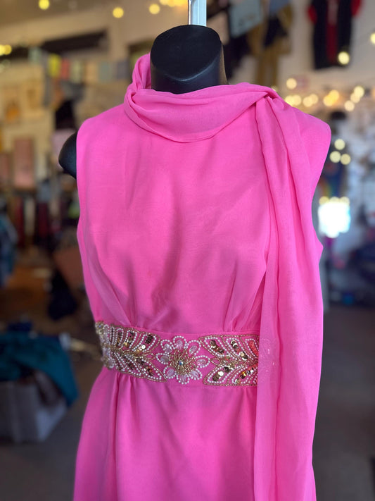 Vintage 1970's Diva Two Piece Wide Leg Hot Pink Sequined Set.
