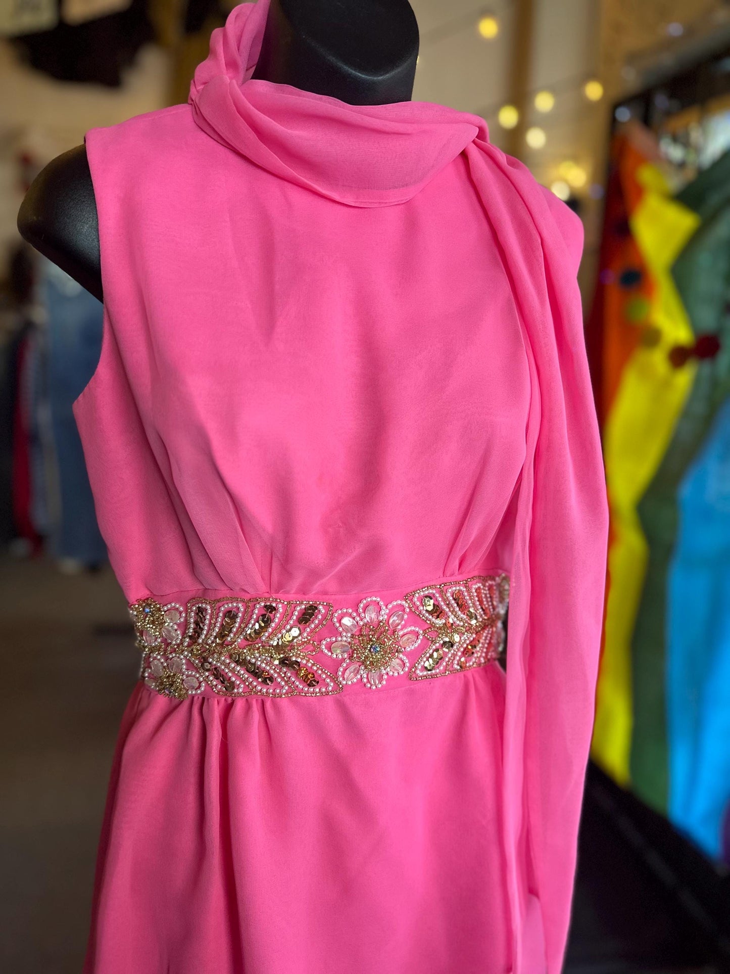Vintage 1970's Diva Two Piece Wide Leg Hot Pink Sequined Set.