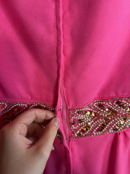 Vintage 1970's Diva Two Piece Wide Leg Hot Pink Sequined Set.