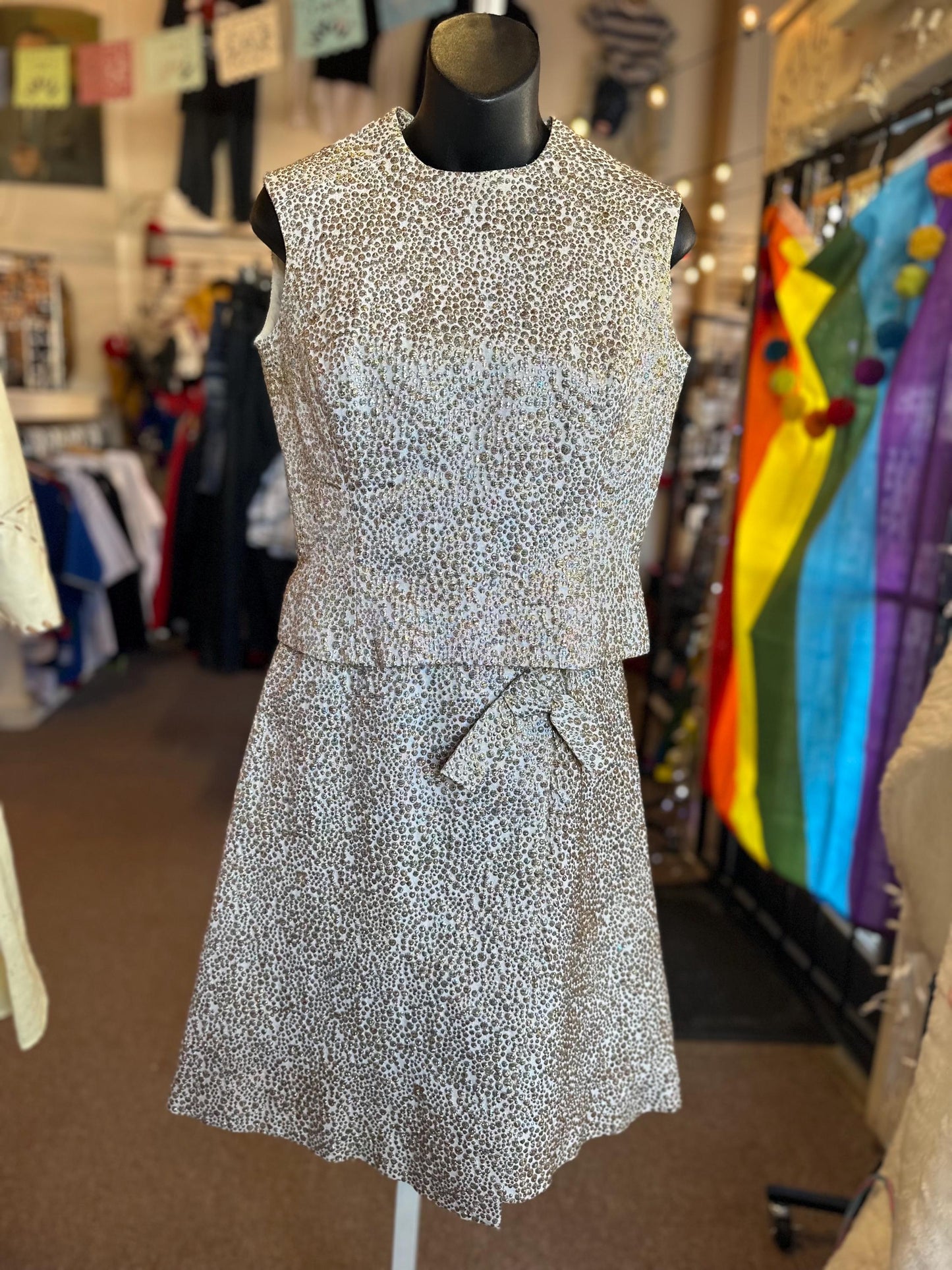 Gorgeous 1960's Calbette Vintage Irridescent Bubble Embroidery Two Piece Dress