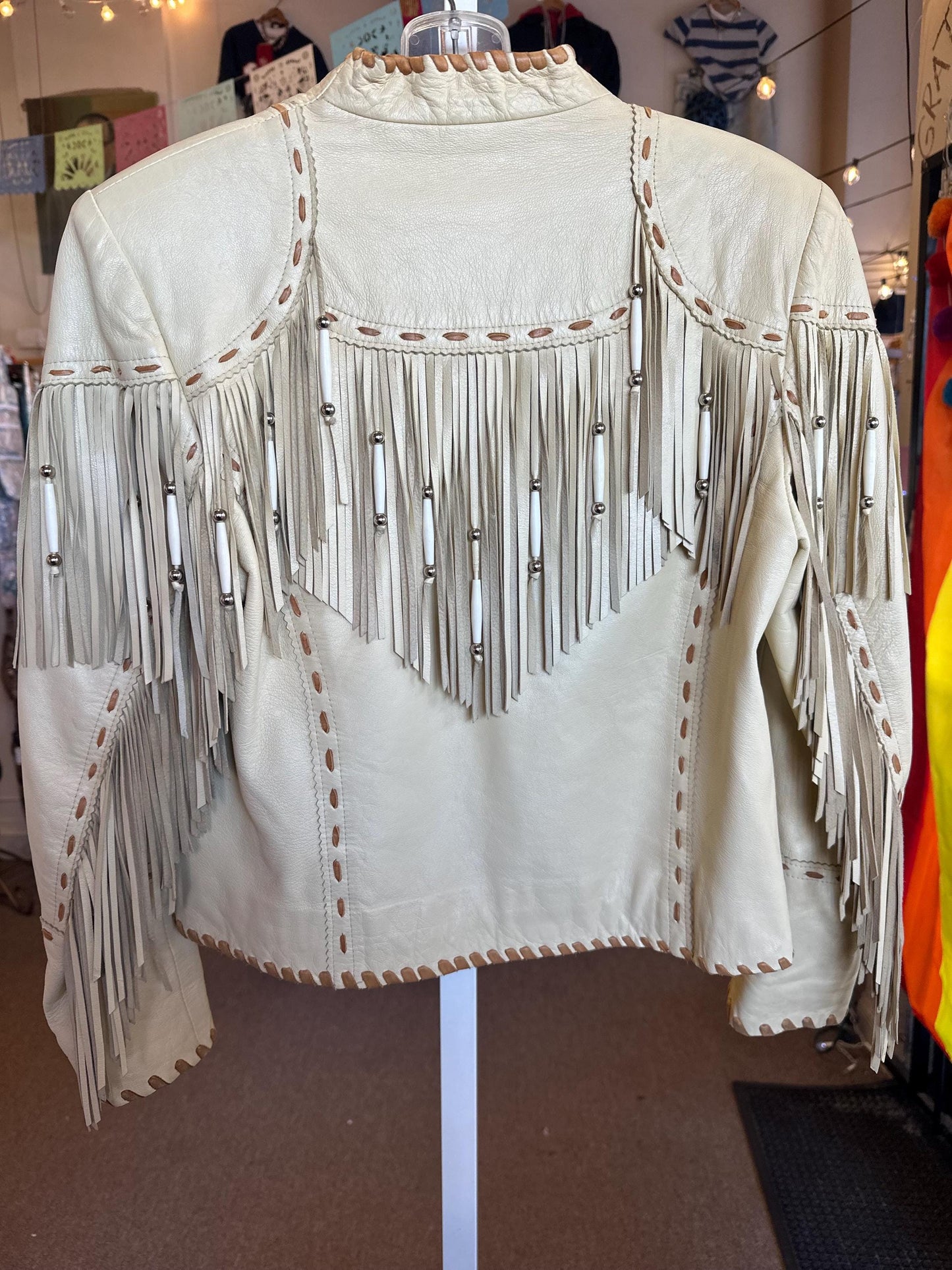 1990s Patricia Wolf Fringe Leather Blonde White Jacket Size Small