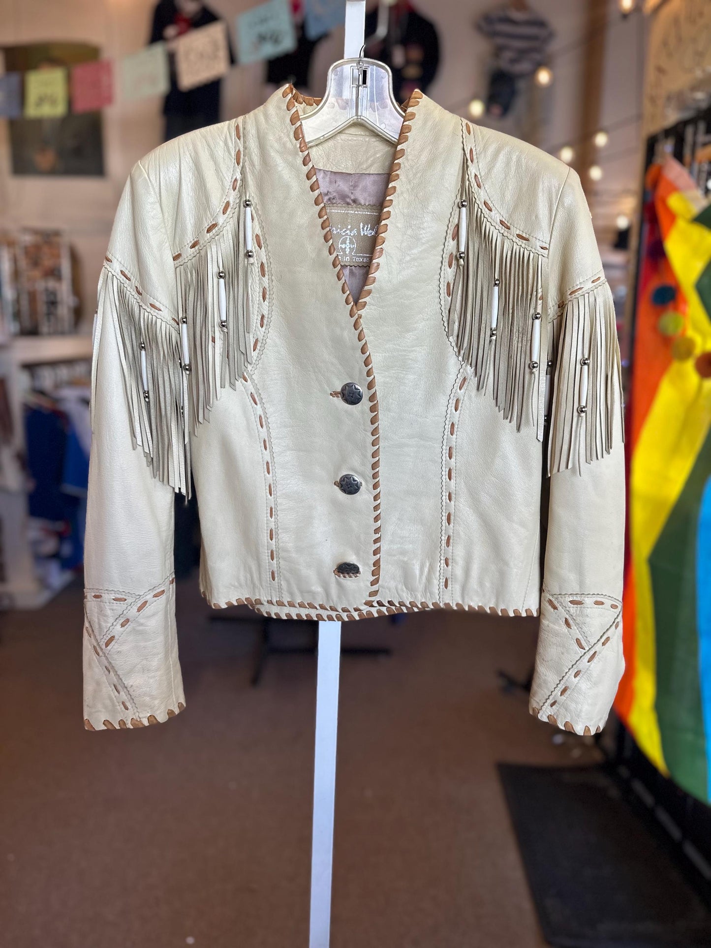 1990s Patricia Wolf Fringe Leather Blonde White Jacket Size Small