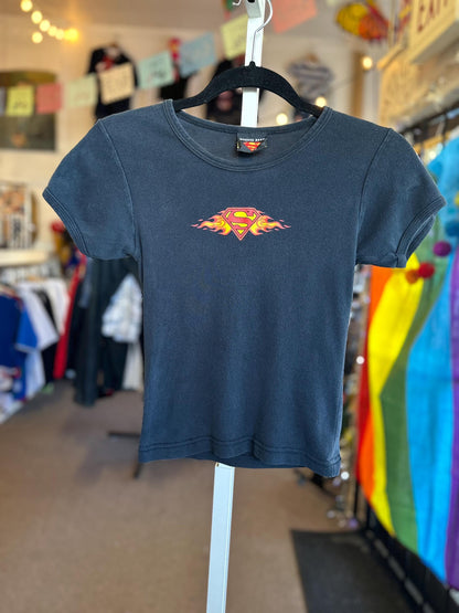 1990's Vintage Baby Tee XS Superman Flame Shirt