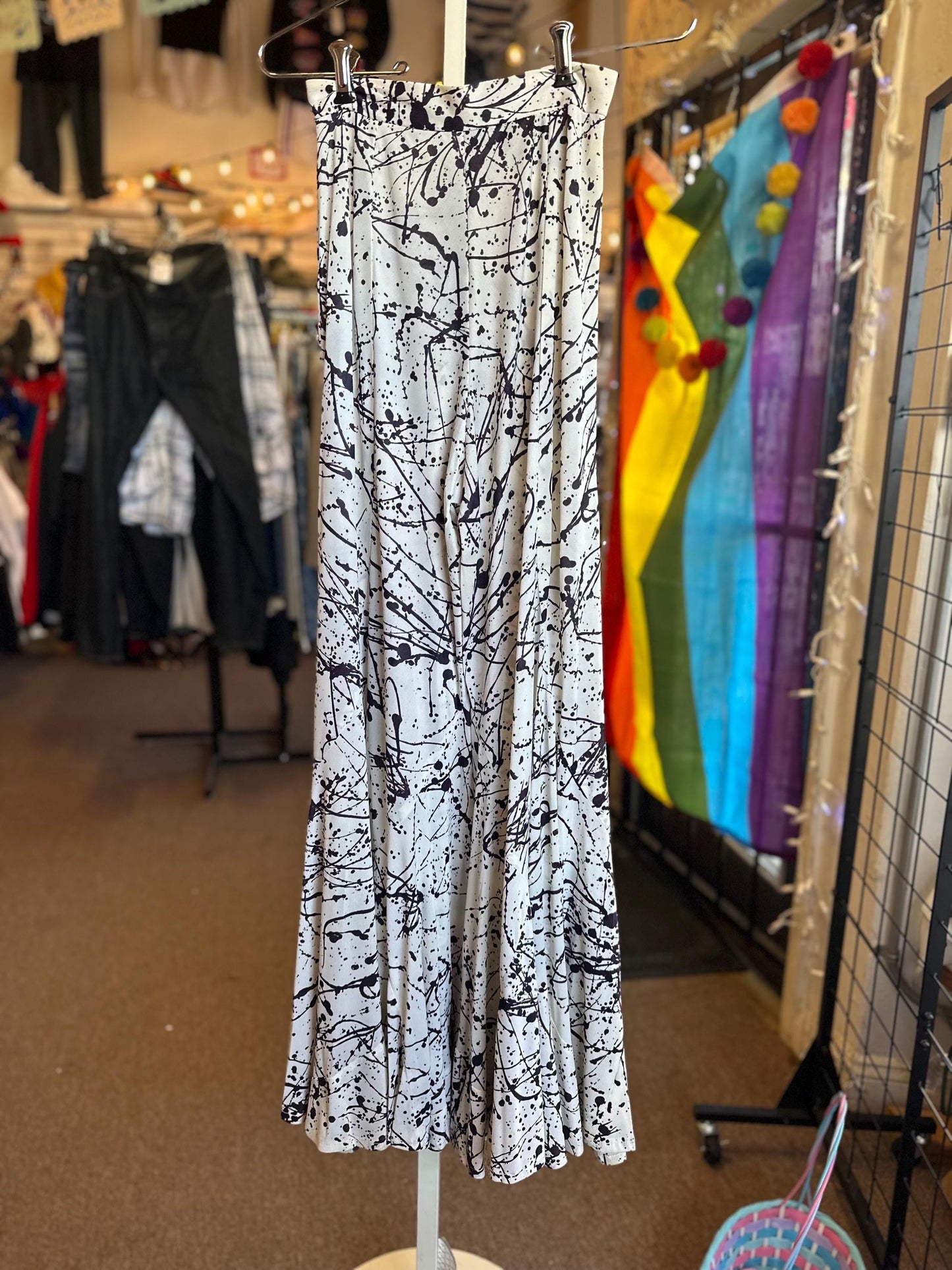 Vintage 1970's Jack Hartley of Miami Two Piece Disco Bell Bottom Ink Splatter Halter Jumpsuit XS.
