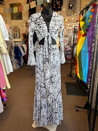 Vintage 1970's Jack Hartley of Miami Two Piece Disco Bell Bottom Ink Splatter Halter Jumpsuit XS.