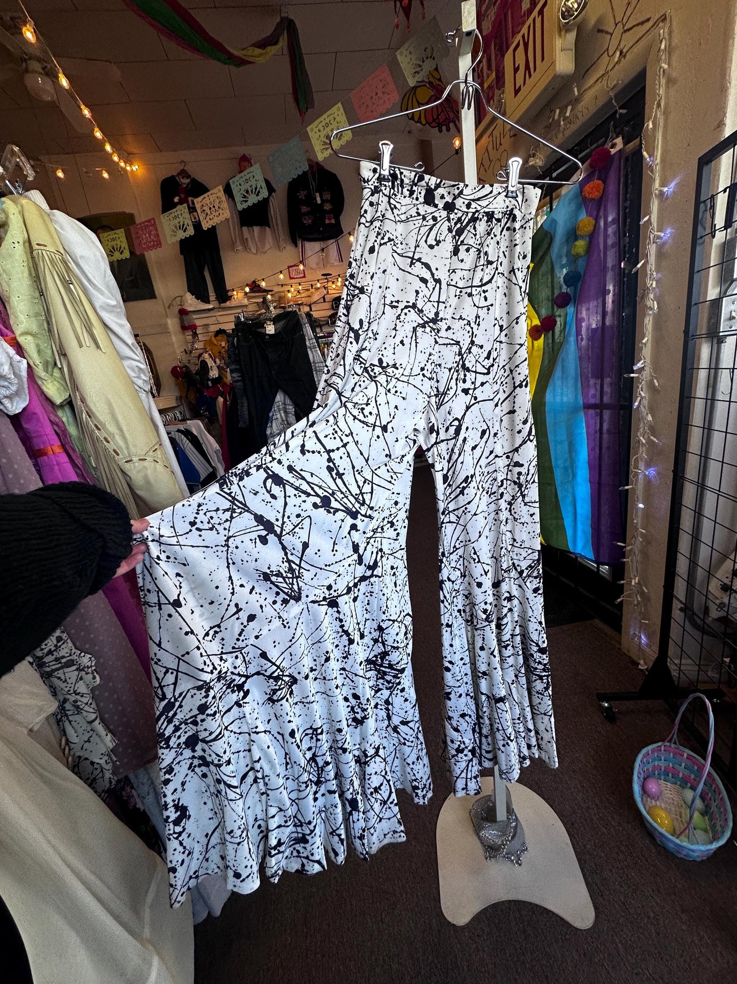 Vintage 1970's Jack Hartley of Miami Two Piece Disco Bell Bottom Ink Splatter Halter Jumpsuit XS.
