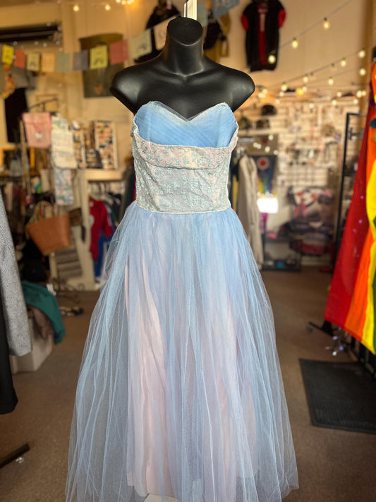 Vintage 1950's Baby Blue and Pink Tulle Floral Formal Ball Gown Cocktail Graduation or Prom Dress