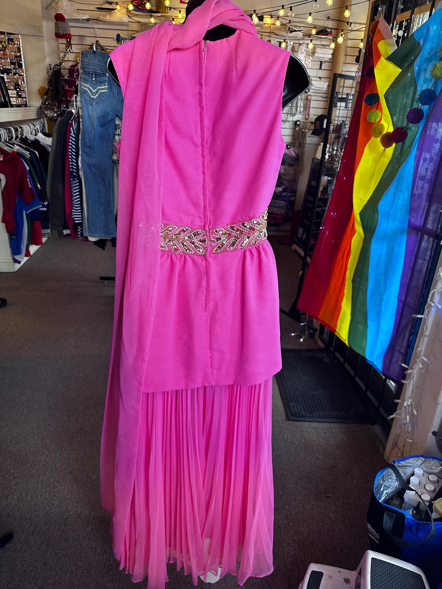 Vintage 1970's Diva Two Piece Wide Leg Hot Pink Sequined Set.