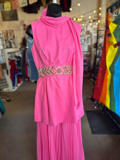 Vintage 1970's Diva Two Piece Wide Leg Hot Pink Sequined Set.