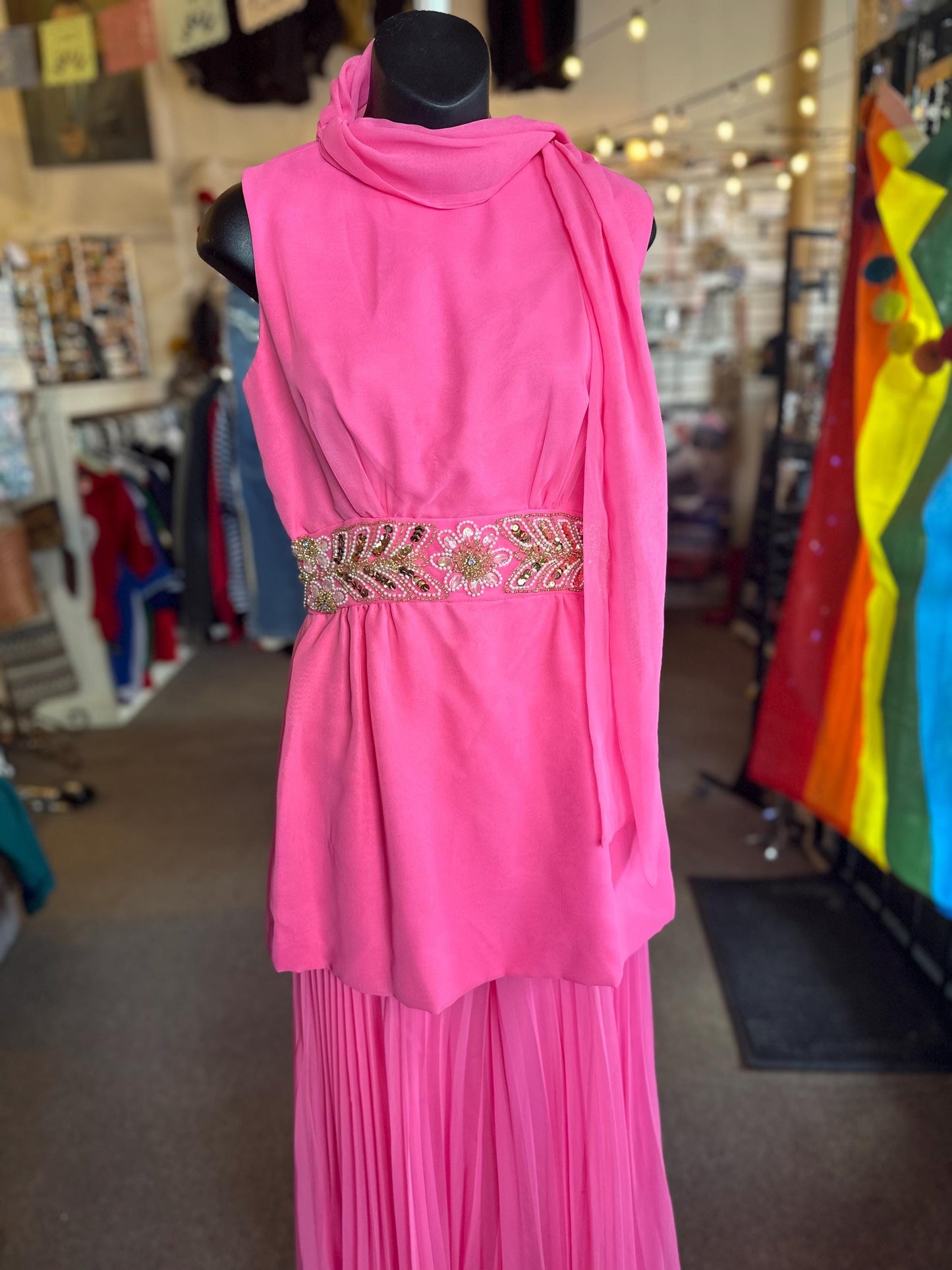 Vintage 1970's Diva Two Piece Wide Leg Hot Pink Sequined Set.