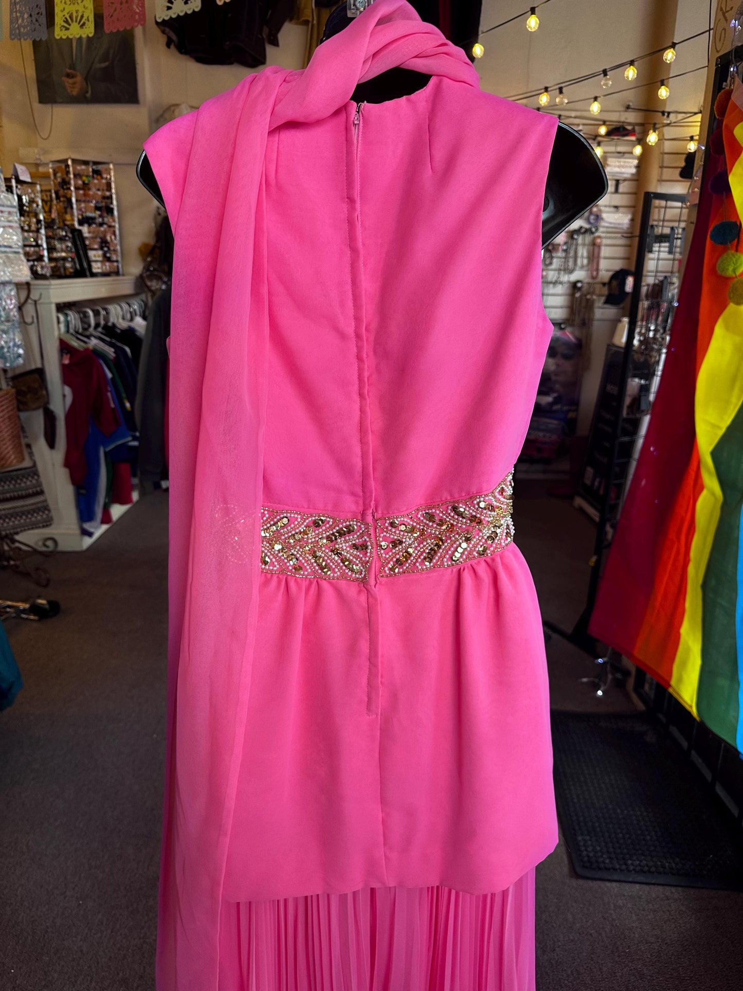 Vintage 1970's Diva Two Piece Wide Leg Hot Pink Sequined Set.