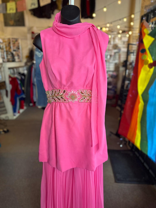 Vintage 1970's Diva Two Piece Wide Leg Hot Pink Sequined Set.